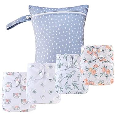 Imagem de Happy Flute Happyflute - 9 Conjuntos De Fraldas Pano Para Recém-Nascidos, Tamanho Único, Ajustáveis E Reutilizáveis Meninos Meninas (6-33 Libras, 0-3 Anos), Uma Bolsa Úmida + 4 Absorventes
