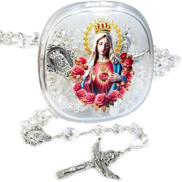 Imagem de PLONKLY Colar de terço feminino - contas de cristal católico com medalha da Virgem Maria e caixa de presente de acrílico, 21 inches, Zinco, Sem Pedra Preciosa