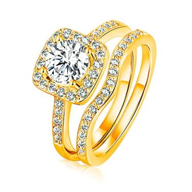 Imagem de Gemsme Conjunto de anéis de noivado de casamento dois em um banhados a ouro 18K com halo zircônia cúbica, Latão, Zircônia cúbica