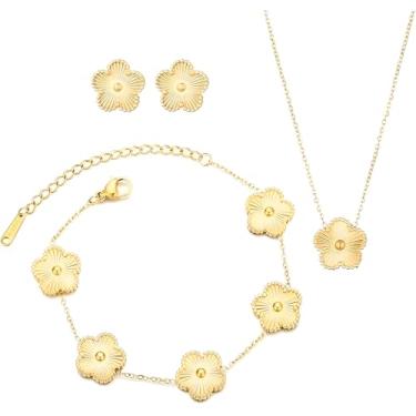Imagem de BECHEBV Conjunto de joias Clover de aço inoxidável banhado a ouro 18 k conjunto de brincos feminino colar de ouro, No size available, Aço inoxidável, Sem Pedra Preciosa