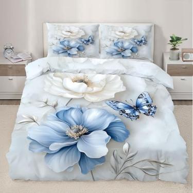 Imagem de QINYUN Capa de edredom de borboleta 3D, tamanho Queen, conjunto de cama floral azul moderno, 3 peças, decoração de quarto, flores elegantes, capa de edredom com laços com zíper e 2 fronhas