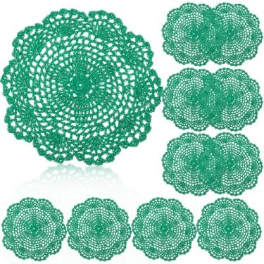 Imagem de Gandeer Porta-copos de crochê fofos de 20 cm, porta-copos de crochê feitos à mão de algodão, jogo americano de renda redonda com padrões florais, conjunto de pano para decoração de festa de casamento