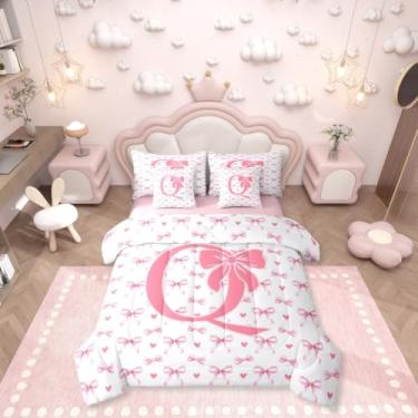 Imagem de Erosebridal Conjunto de edredom solteiro com letra inicial de 7 peças, com nó de laço rosa em uma bolsa, estilo princesa sonhadora, para crianças, meninos e meninas, conjunto de lençol com estampa de