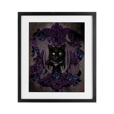 Imagem de Stupell Industries Gato preto com flores góticas impressão emoldurada de bétula sob vidro, design por Lori Mosley, 21 x 17