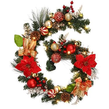 Imagem de LinTimes Guirlanda de Natal com Luzes, Decoração de Guirlanda Vermelha Pré-Iluminada com 20 Leds, Guirlanda Operada por Bateria com Enfeites de Bola de Flores Vermelhas Arco Dourado, Manto Lareira Dec