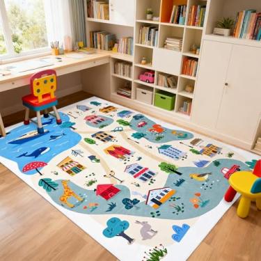 Imagem de Lacomfy Tapete de fazenda infantil, 10 x 1,8 m, animais do oceano, tapete de brincar para quarto de meninos e meninas, antiderrapante, lavável, pista de carros, sala de jogos, decoração educativa para