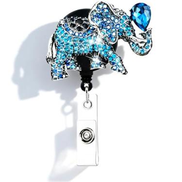 Imagem de Heyah Carretel de crachá de elefante cintilante azul, porta-crachá retrátil com clipe de cinto, clipe de crachá de identificação/nome para mulheres enfermeiras