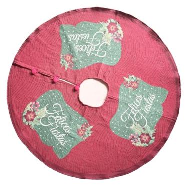 Imagem de Saia vermelha luxuosa para árvore de Natal de 106 cm - Tecido Jacquard Tecido com Aplique Floral Verde Felices Fiestas - Tapete Grande para Decoração de Natal para Árvores Reais/Artificiais