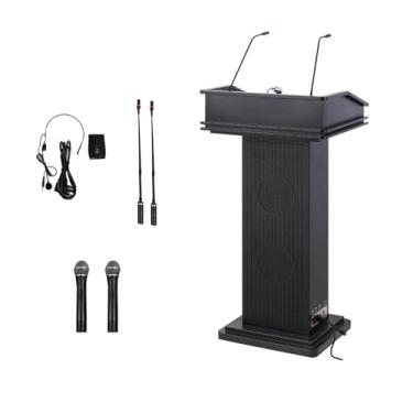 Imagem de Yadlan Pódio de metal com microfone, suporte de pódio para sala de aula com luz, palestras e pódios modernos com 2 microfones fixos, 2 microfones sem fio e lâmpada de mesa para sala de aula