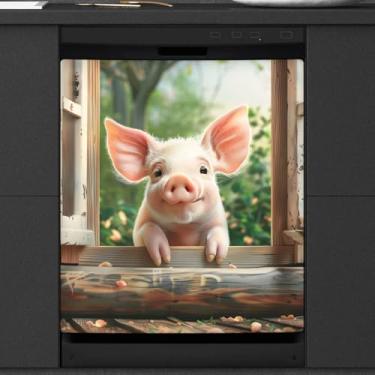 Imagem de Capa de ímã de lava-louças Ímãs fofos de porco animal lava-louças capa decorativa reutilizável adesivo magnético painel decalque geladeira eletrodoméstico decoração frontal capas de máquina de lavar