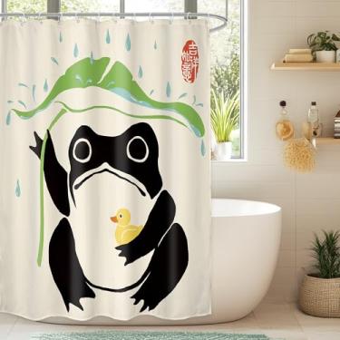 Imagem de LGhtyro Conjunto de cortina de chuveiro de sapo engraçado 137 cm L L x 192 cm A fofo pato asiático estilo tradicional japonês levando folha de animal de lótus acessórios de banho de chuva arte sapo