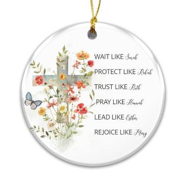 Imagem de Enfeite de cruz floral cristã – Enfeite de Natal com cruz cristã, citação de mulheres da Bíblia, Sarah Rebekah Ruth Hannah Esther Mary, decoração de árvore de Natal com escrituras de fé