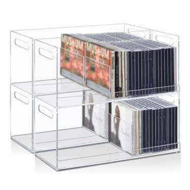 Imagem de CroBlissful Caixa de armazenamento de CD de acrílico, 4 unidades, suportes de CD empilháveis de acrílico transparente com alças de transporte, prateleira organizadora para mídia, capas de filmes