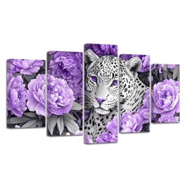 Imagem de CXHOSTENT Arte de parede em tela de leopardo, 5 peças, imagem floral de guepardo e peônia, estampa de vida selvagem em preto e branco, pintura de animais selvagens africanos para decoração de