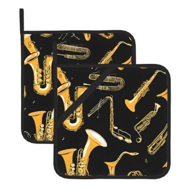 Imagem de Conjunto de tapete quadrado resistente ao calor com notas musicais agudos com 2 peças antiderrapantes com laços para pendurar, para balcão de cozinha e proteção de mesa de jantar.