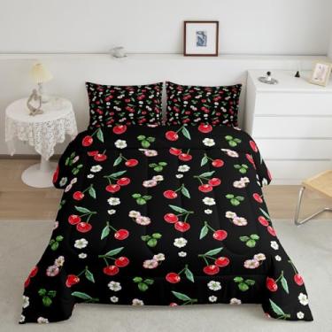 Imagem de Feelyou Conjunto de edredom infantil de cereja vermelha, tamanho Queen, com frutas fofas, princesas sonhadoras, floral, colorido, para adolescentes, para decoração de quarto com 2 fronhas