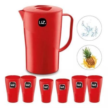 Imagem de Jogo Jarra De Suco 2l + 6 Copos 300ml Vermelho Resistente - UZ