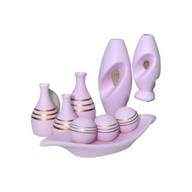 Imagem de Vaso Decorativo De CerâMica – Vaso Artesanal, Adequado Para Colocar No Centro Da Mesa De Jantar, Aparador, Alcova Ou Prateleira.(ROSA RISCA 9PÇS)