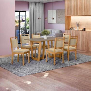 Imagem de Conjunto Sala De Jantar Lina Em Madeira Maciça 6 Cadeiras Boucle Bege 