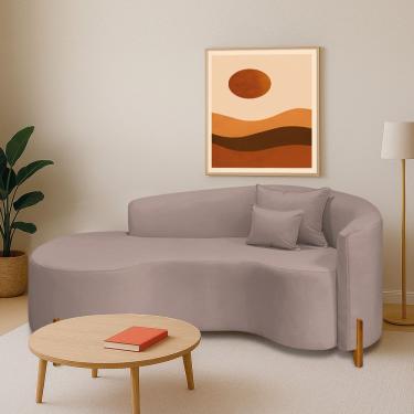 Imagem de Divã Recamier Curvo Sala De Estar Recepção Inglaterra 180cm Pés Madeira Lado Esquerdo Linho Cor Rosê