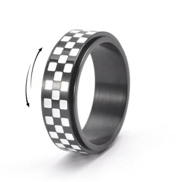 Imagem de Anel Fidget Xadrez para Homens Mulheres Ouro Prata Preto Fidget Spinner Anel Grosso Esmalte Único Humor Calmo Alívio de Estresse Joias de Presente (Preto, 8)