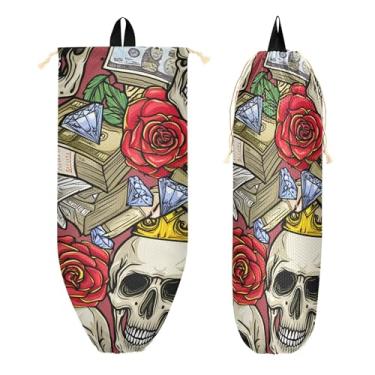 Imagem de xigua Caveiras usando coroas suporte de saco plástico suporte de parede com cordão 1 pacote, organizador de sacolas de supermercado reutilizável decoração para bolsas, meias, roupas íntimas e gravatas