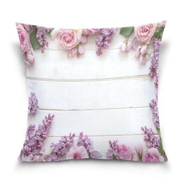 Imagem de Burbuja Capas de almofada rosa lilás flores em madeira para sofá, sala de estar, quarto, fronha de veludo macio, decoração de casa, 50,8 x 50,8 cm