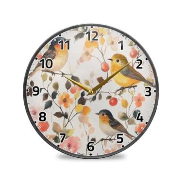 Imagem de WELLDAY Relógio de parede sem tique-taque 25,4 cm - Aquarela floral pássaros operado por bateria relógio redondo silencioso de quartzo para casa/escritório/cozinha/sala de aula