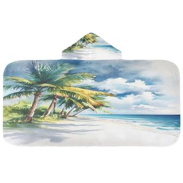 Imagem de Burbuja Toalha de banho com capuz de palmeiras de praia para crianças, toalha de praia de pelúcia macia absorvente para meninas e meninos 3-10 anos, 61 x 127 cm