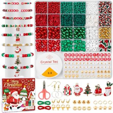 Imagem de Taybonds Kit de fabricação de pulseiras de amizade de contas vermelhas e verdes de Natal com pingentes, kit de fabricação de joias com argila, heishi, pônei, pérolas, contas de letras, pulseiras e