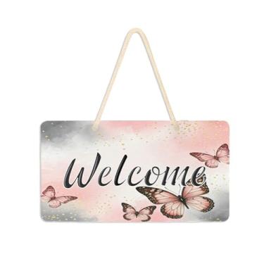 Imagem de Burbuja Placa de boas-vindas rosa e cinza borboletas para porta da frente, placa de boas-vindas de PVC para decoração de férias de casa de fazenda, 15 x 28 cm