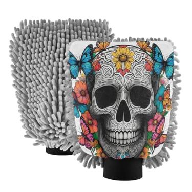 Imagem de STAYTOP Luvas de lavagem de carro de caveira fofas, 2 peças, luvas de microfibra de chenille, sem arranhões, panos de esponja de lavagem ultra absorventes para carros, limpeza doméstica - G