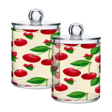 Imagem de STAYTOP 4 frascos de boticário Qtip para banheiro com etiquetas – Recipiente de armazenamento Qtip de plástico transparente acrílico para bola de algodão, cotonete, grão de café - cerejas vermelhas