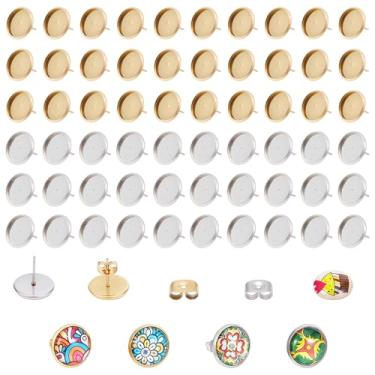 Imagem de NICENEEDED 60 peças de brincos de cabochão em branco, banhado a ouro 18K e bandejas de biséis de aço inoxidável, bisel redondo em branco com porcas de orelha para fabricação de joias