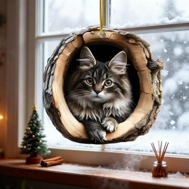 Imagem de Enfeite de Natal de gato Maine Coon com furo de árvore de acrílico, decoração de férias pendurada em cordas, presente criativo para árvore de Natal em casa/SDMM-04