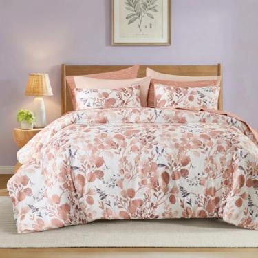 Imagem de Regency Heights Conjunto de edredom botânico leve Seersucker King, com design reversível, cama em uma bolsa, conjunto de cama de microfibra premium, coral