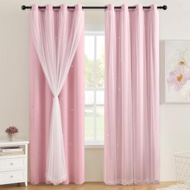Imagem de XiDi Cortinas rosa claro para quarto de meninas, 203 cm, cortinas blackout de camada dupla com sobreposição transparente para quarto de princesa, ilhós, cortinas de janela de privacidade, rosa claro