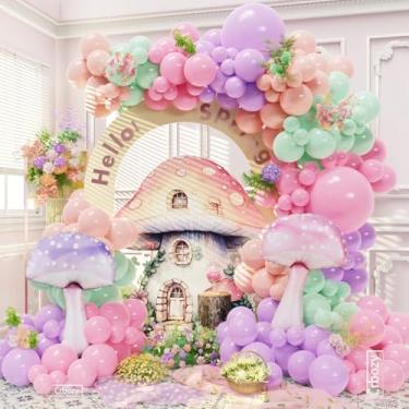 Imagem de Kit de arco de balão Fairy Wonderland, 144 peças, rosa pastel, roxo, verde empoeirado, balões de látex com balões de folha de cogumelo para chá de bebê, aniversário, casamento, primavera, jardim