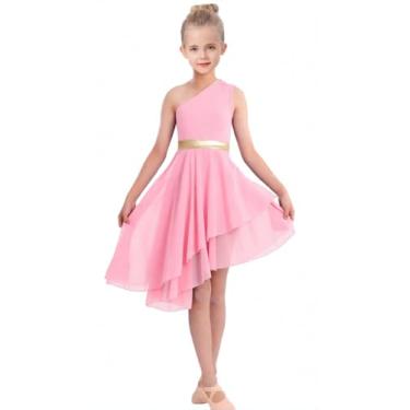 Imagem de ORIDOOR Fantasia de dança de louvor de ombro oblíquo para meninas, cerimônia de adoração irregular de metal dança lírica, 02 - Rosa, 7-8 Anos