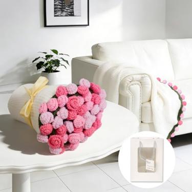 Imagem de Cobertor feito à mão com buquê de flores de rosas de crochê – 100 cm, presentes românticos macios e leves para ela, aniversário, casamento/dia dos namorados, dia das mães, decoração de casa (rosa