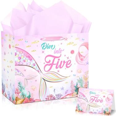 Imagem de JORHANCE Mergulhe em cinco sacos de presente com papel de seda e cartão de aniversário - Saco grande de papel de embrulho de sereia para mergulhar em 5 decorações de aniversário de menina, decorações
