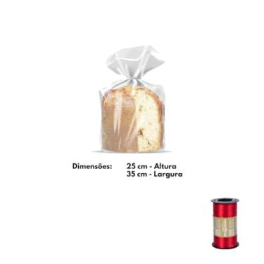Imagem de Kit Saco Panetone 25x35cm 500g Com 10 Unidades + Fita Cetim Rolo 4mmx100mts
