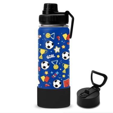 Imagem de Presentes de futebol para crianças – Garrafa de água de futebol de 500 ml com canudo e 2 tampas, garrafa de água isolada de aço inoxidável infantil, à prova de vazamento, livre de BPA, copo de futebol