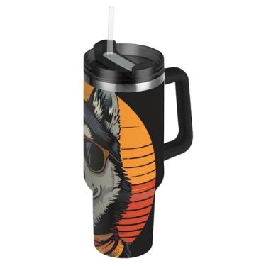 Imagem de Joisal Copos de cachorro Husky siberiano legal com tampas e canudos, copo térmico de 1,134 g com alça, garrafas de água isoladas de aço inoxidável, carros, caneca de café, bebida quente