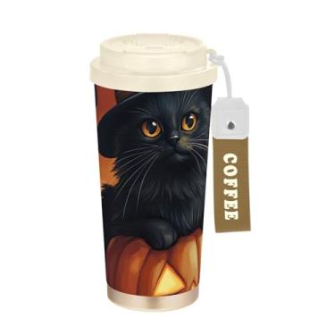 Imagem de TSENQUE Caneca de café de viagem de 473 ml com tampa de canudo e filp, revestimento cerâmico, isolamento a vácuo, aço inoxidável, copo de café, à prova de vazamento, gato preto, abóbora de Halloween