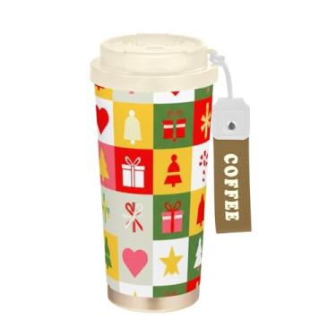 Imagem de Caneca de viagem de café 16+ Oz, copo de café com revestimento cerâmico com tampa e canudo, copo isolado a vácuo de aço inoxidável, quadrados geométricos de Natal