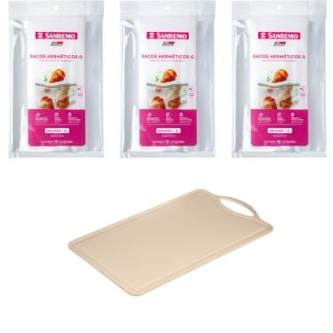 Imagem de Conjunto de 1 Tábua Bege Plástica de Corte para Alimentos + 3 Saco Hermetico Transparente 3 Litros