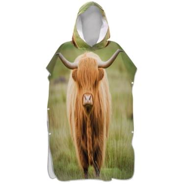 Imagem de Joisal Roupão de mudança de poncho de surfe de secagem rápida para adultos toalhas de banho com capuz bonito vaca highland ponchos adultos para mulheres