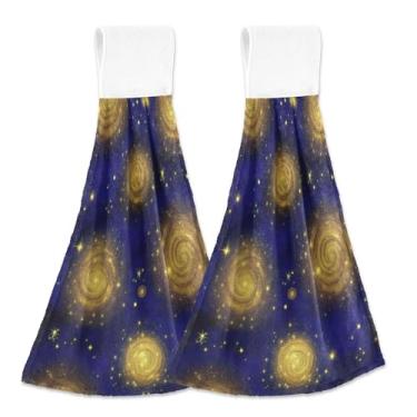 Imagem de Toalhas de mão personalizadas com céu noturno estrelado roxo dourado com laço de pendurar conjunto de 2 toalhas de banho macias absorventes fofas decoração de banheiro de cozinha, 46 x 35 cm