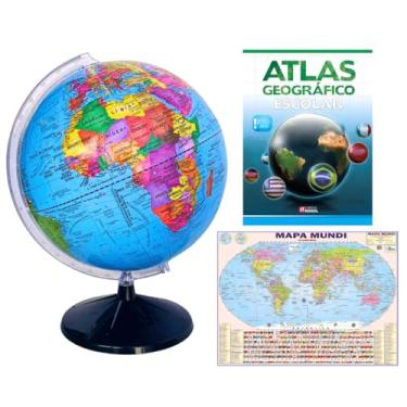 Imagem de GLOBO TERRESTRE POLÍTICO 30CM BASE PRETA + ATLAS GEOGRÁFICO + MAPA MUNDI GIGANTE